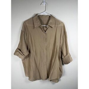 MS Women's Beige Crinkled‎ Button Down Shirt Roll Tab Sleeve Tie Back